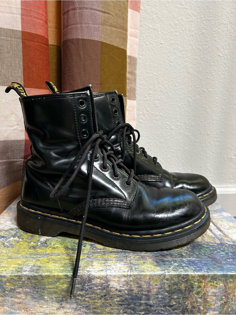 Dr. Martens Black Leather Lace-Up Boots with Yellow Stitching